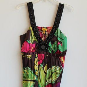 Bliss-i-tude Blk/Green/Purple/Pink Print Sleeveless V-Neck Empire Dress